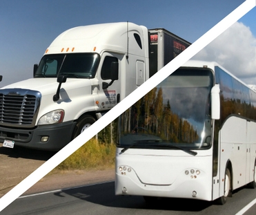 Image of two United vehicles, the top one a white semi truck, the bottom a United bus