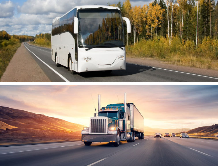 Collage of two pictures. Top photo is a bus driving and bottom photo is a semi driving down road.